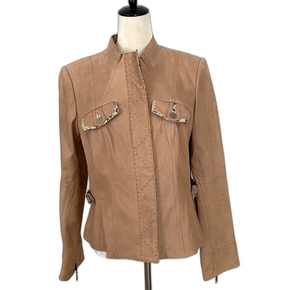 Etcetera Jacket Women’s Size 14 Tan 100% Leather with Faux Snakeskin Accents - Picture 1 of 12